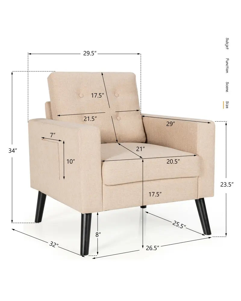 Mid-Century Upholstered Armchair Club Chair with Rubber Wood Legs-Beige - Beige - Accent Chairs