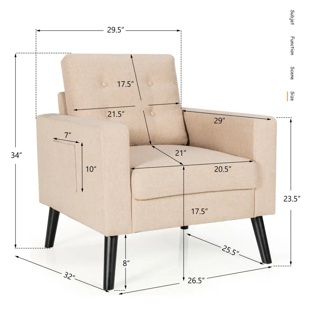 Mid-Century Upholstered Armchair Club Chair with Rubber Wood Legs-Beige - Beige - Accent Chairs