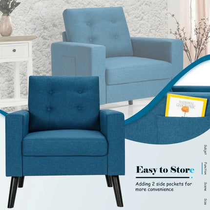 Mid-Century Upholstered Armchair Club Chair with Rubber Wood Legs-Blue - Blue - Accent Chairs