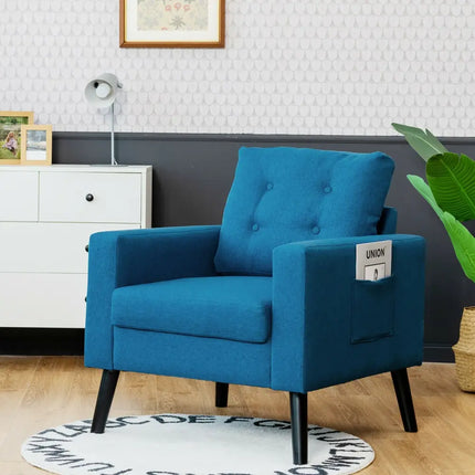 Mid-Century Upholstered Armchair Club Chair with Rubber Wood Legs-Blue - Blue - Accent Chairs