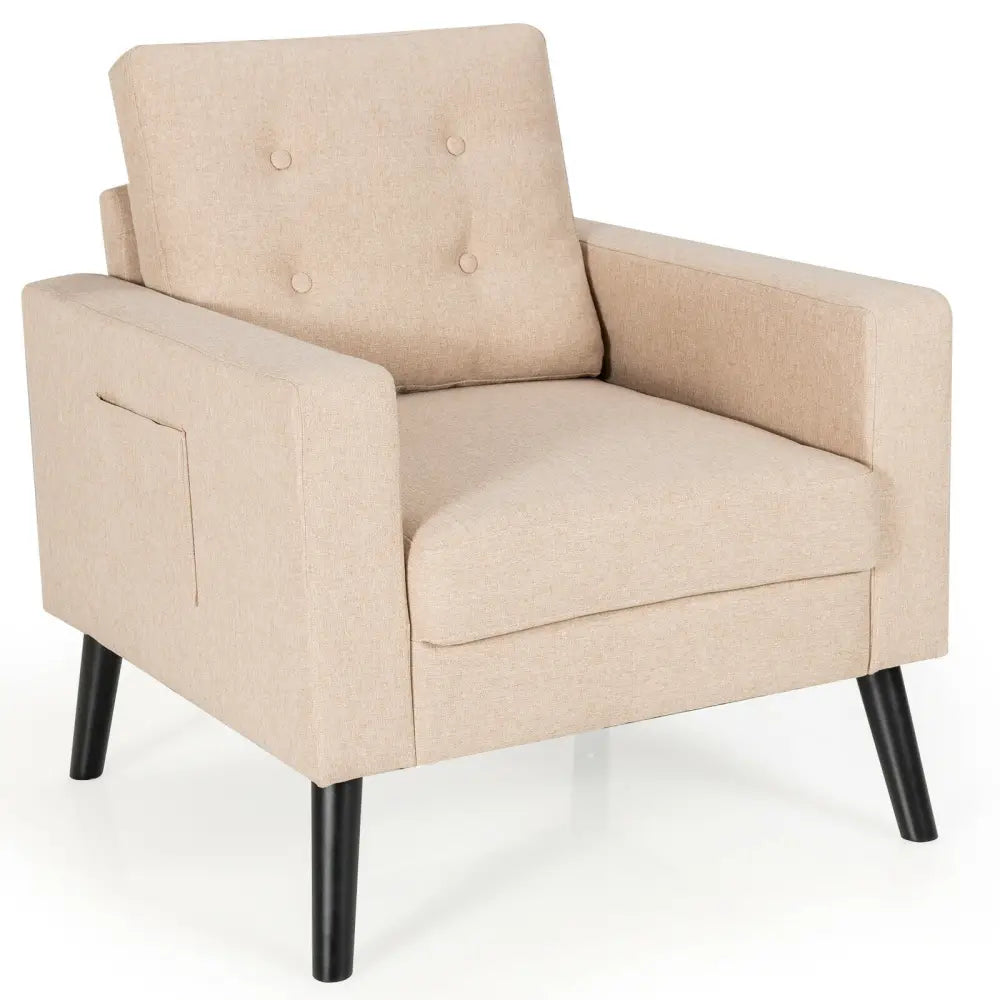 Mid-Century Upholstered Armchair Club Chair with Rubber Wood Legs-Beige - Beige - Accent Chairs