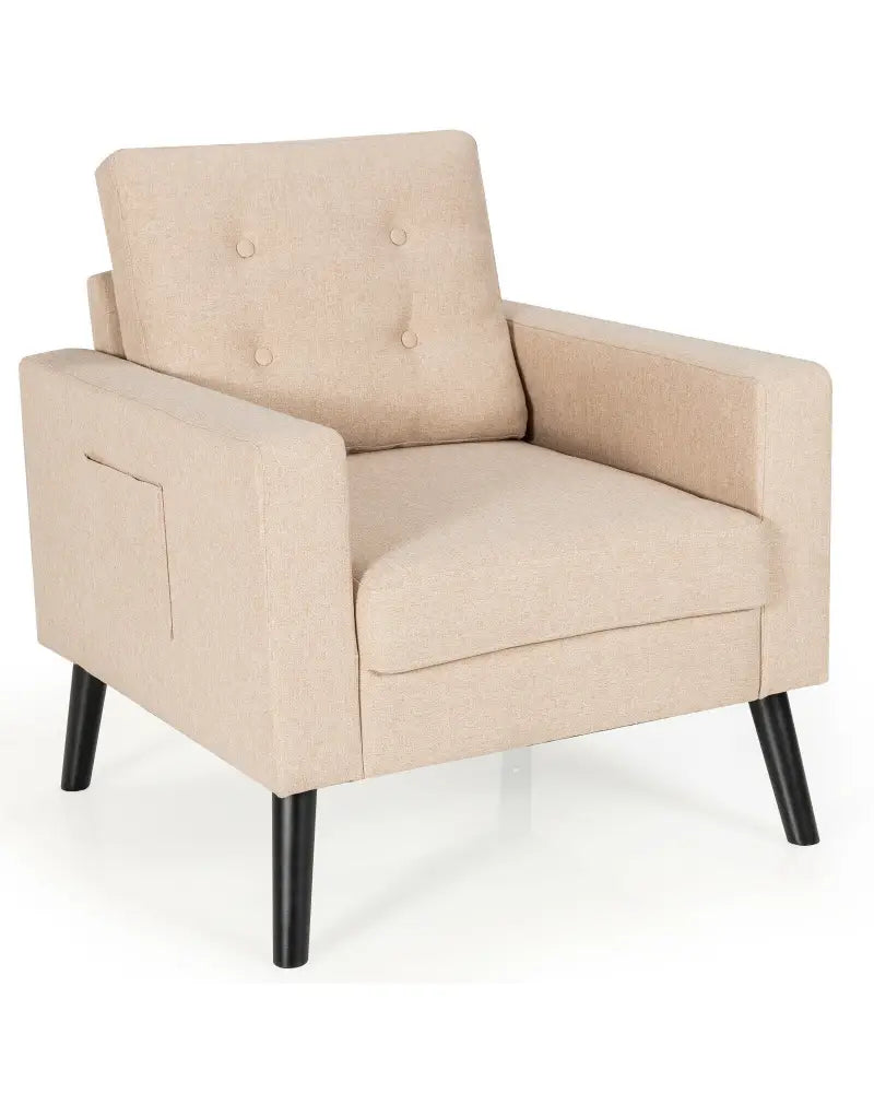 Mid-Century Upholstered Armchair Club Chair with Rubber Wood Legs-Beige - Beige - Accent Chairs