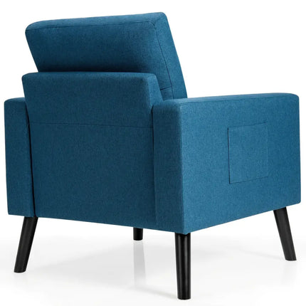 Mid-Century Upholstered Armchair Club Chair with Rubber Wood Legs-Blue - Blue - Accent Chairs