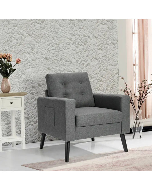 Mid-Century Upholstered Armchair Club Chair with Rubber Wood Legs-Gray - Gray - Accent Chairs