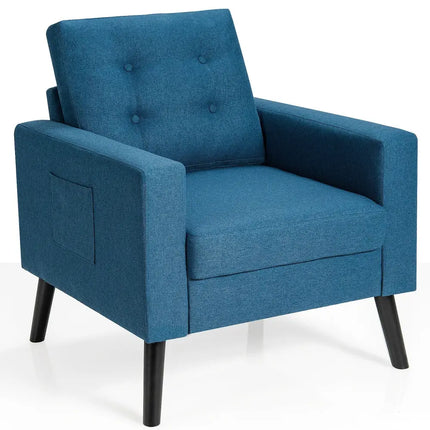 Mid-Century Upholstered Armchair Club Chair with Rubber Wood Legs-Blue - Blue - Accent Chairs