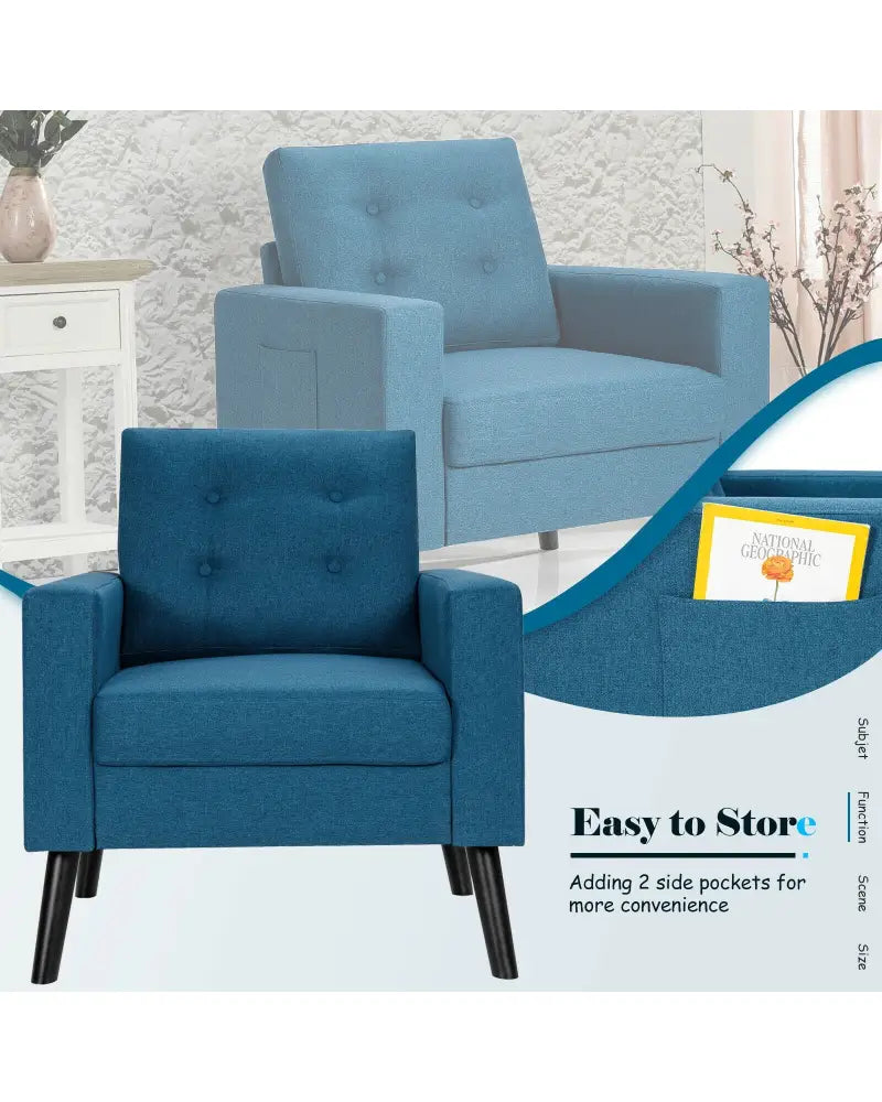 Mid-Century Upholstered Armchair Club Chair with Rubber Wood Legs-Blue - Blue - Accent Chairs