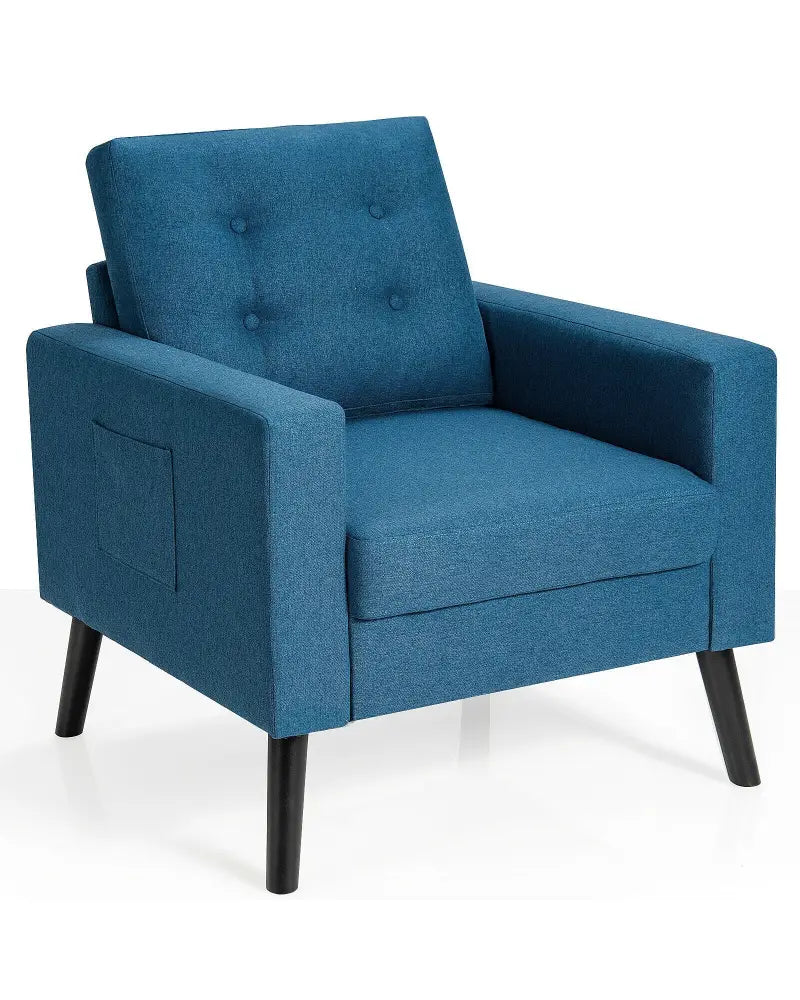 Mid-Century Upholstered Armchair Club Chair with Rubber Wood Legs-Blue - Blue - Accent Chairs