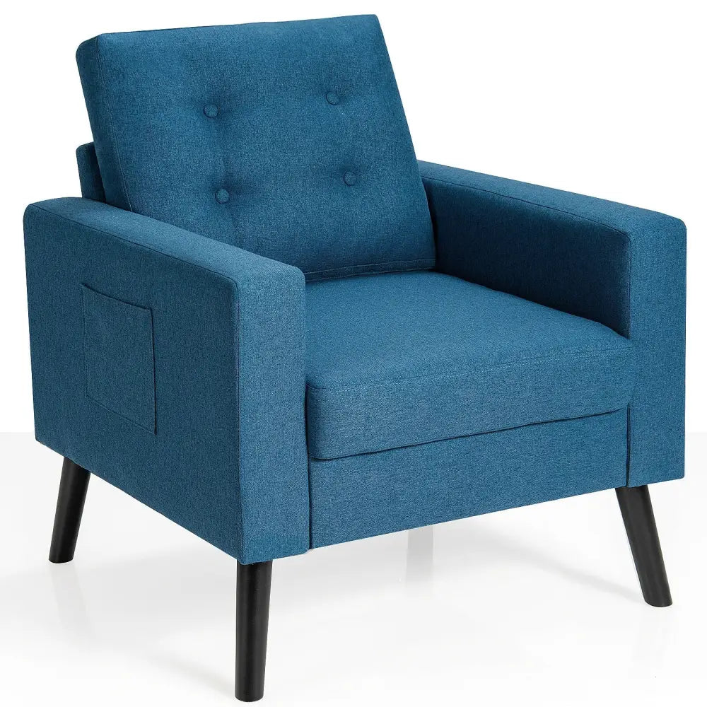 Mid-Century Upholstered Armchair Club Chair with Rubber Wood Legs-Blue - Blue - Accent Chairs