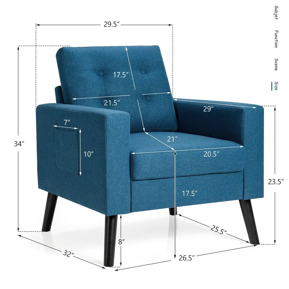 Mid-Century Upholstered Armchair Club Chair with Rubber Wood Legs-Blue - Blue - Accent Chairs