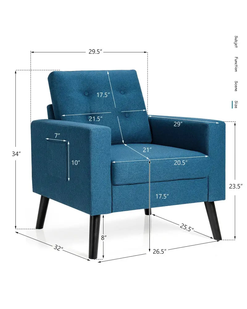 Mid-Century Upholstered Armchair Club Chair with Rubber Wood Legs-Blue - Blue - Accent Chairs
