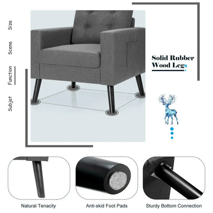 Mid-Century Upholstered Armchair Club Chair with Rubber Wood Legs-Gray - Gray - Accent Chairs