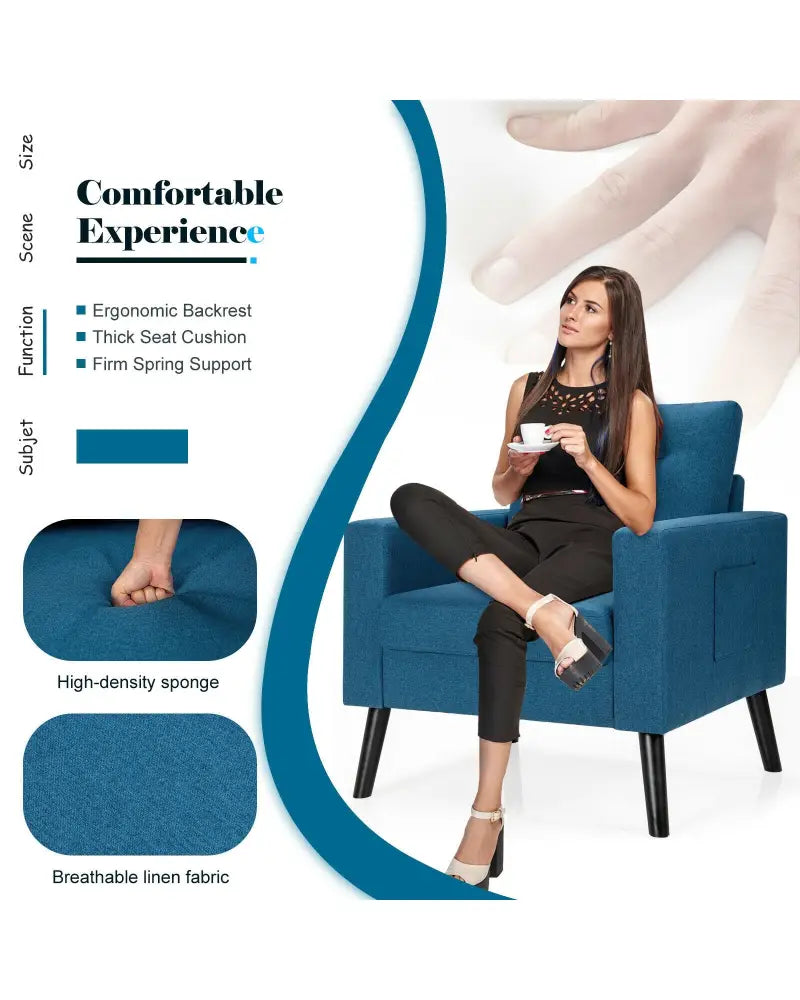 Mid-Century Upholstered Armchair Club Chair with Rubber Wood Legs-Blue - Blue - Accent Chairs