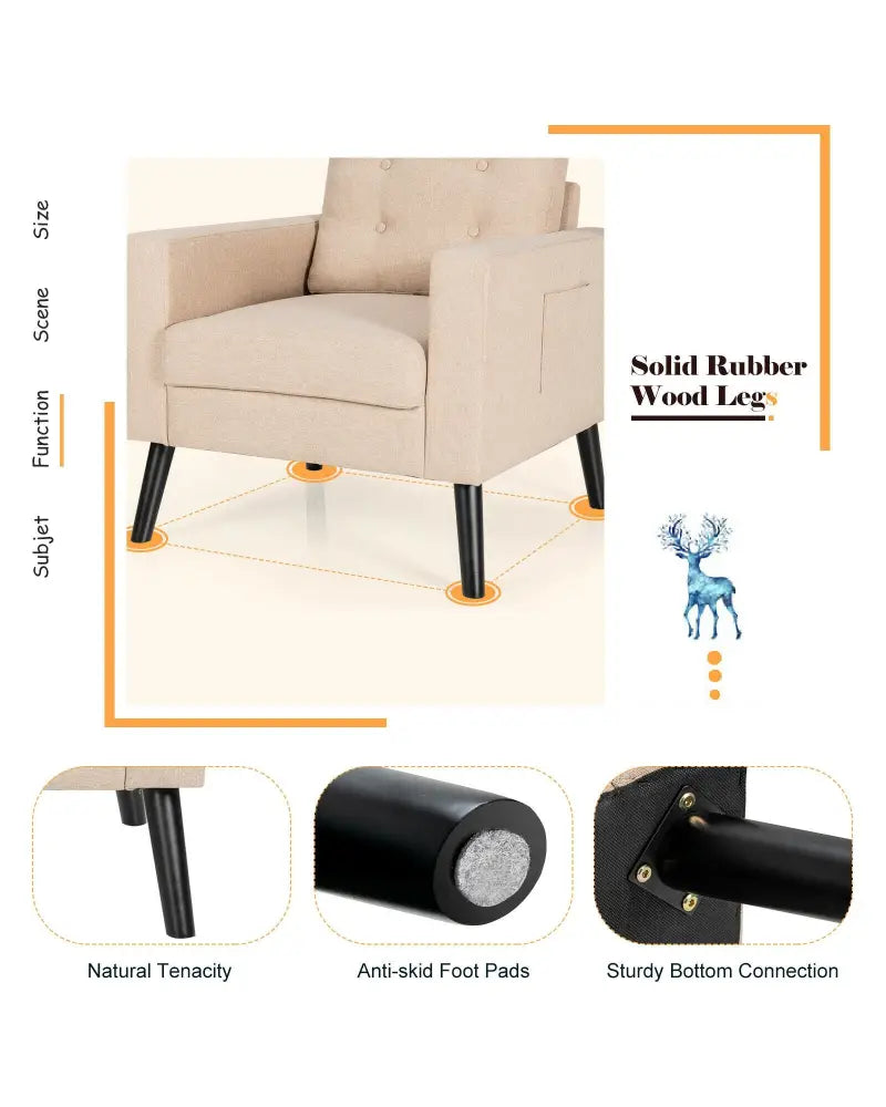 Mid-Century Upholstered Armchair Club Chair with Rubber Wood Legs-Beige - Beige - Accent Chairs