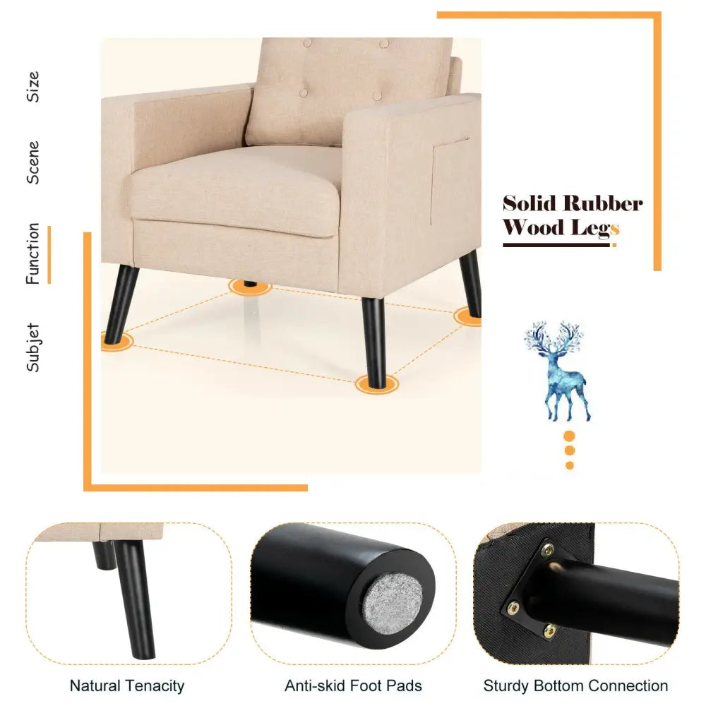 Mid-Century Upholstered Armchair Club Chair with Rubber Wood Legs-Beige - Beige - Accent Chairs