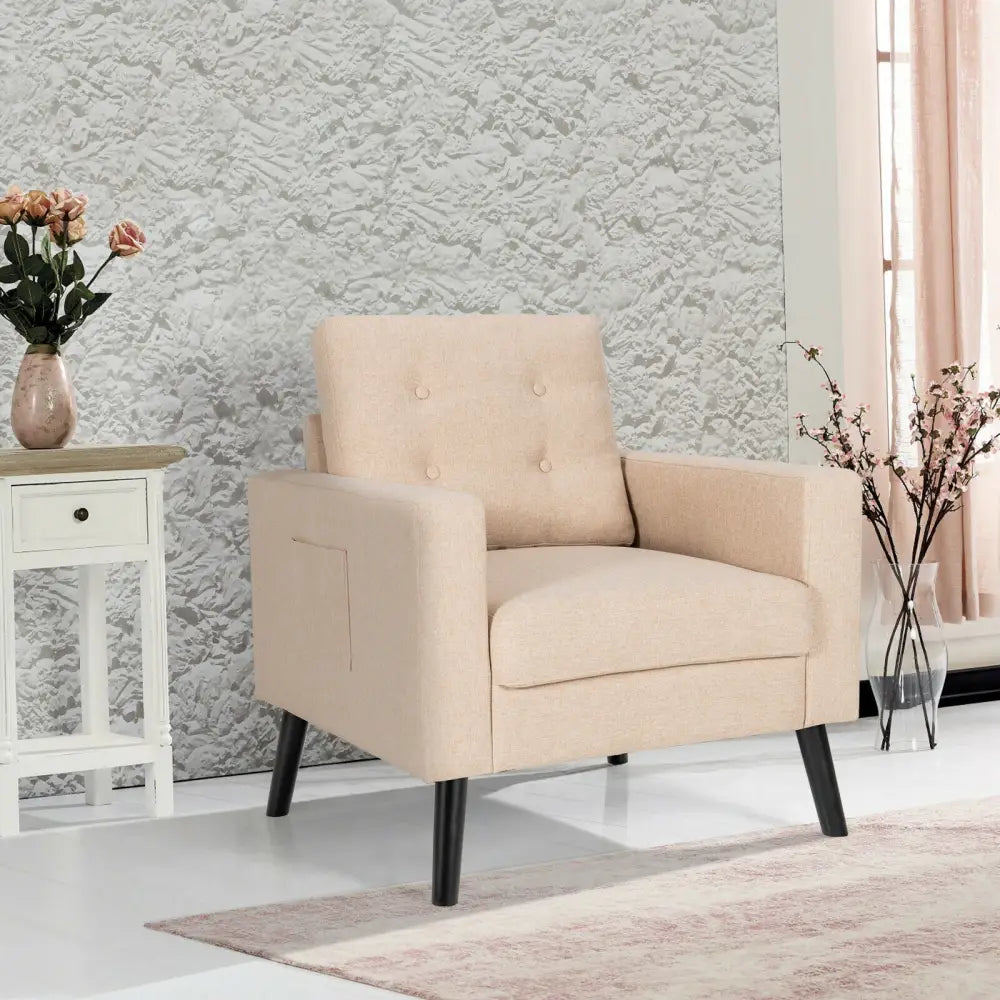 Mid-Century Upholstered Armchair Club Chair with Rubber Wood Legs-Beige - Beige - Accent Chairs