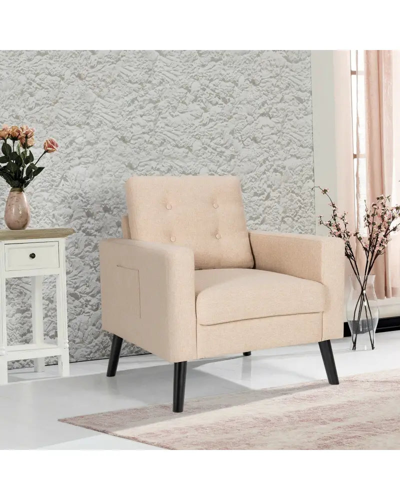 Mid-Century Upholstered Armchair Club Chair with Rubber Wood Legs-Beige - Beige - Accent Chairs
