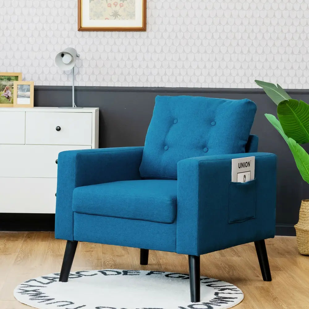 Mid-Century Upholstered Armchair Club Chair with Rubber Wood Legs-Blue - Blue - Accent Chairs