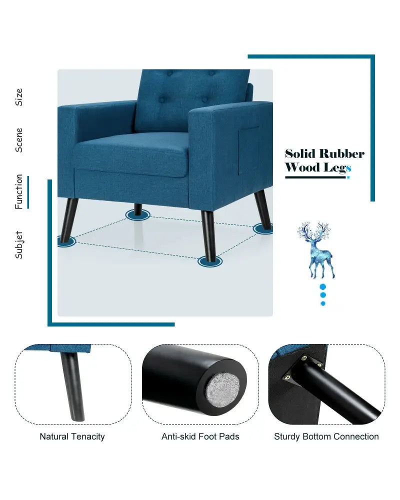 Mid-Century Upholstered Armchair Club Chair with Rubber Wood Legs-Blue - Blue - Accent Chairs