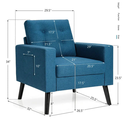 Mid-Century Upholstered Armchair Club Chair with Rubber Wood Legs-Blue - Blue - Accent Chairs