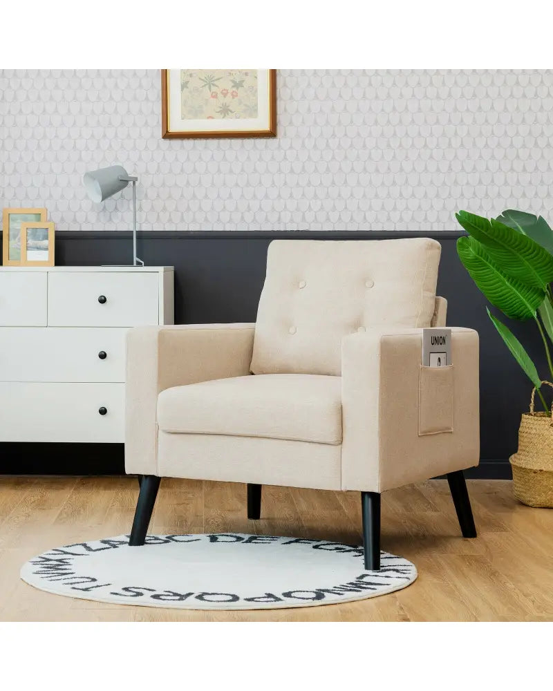 Mid-Century Upholstered Armchair Club Chair with Rubber Wood Legs-Beige - Beige - Accent Chairs