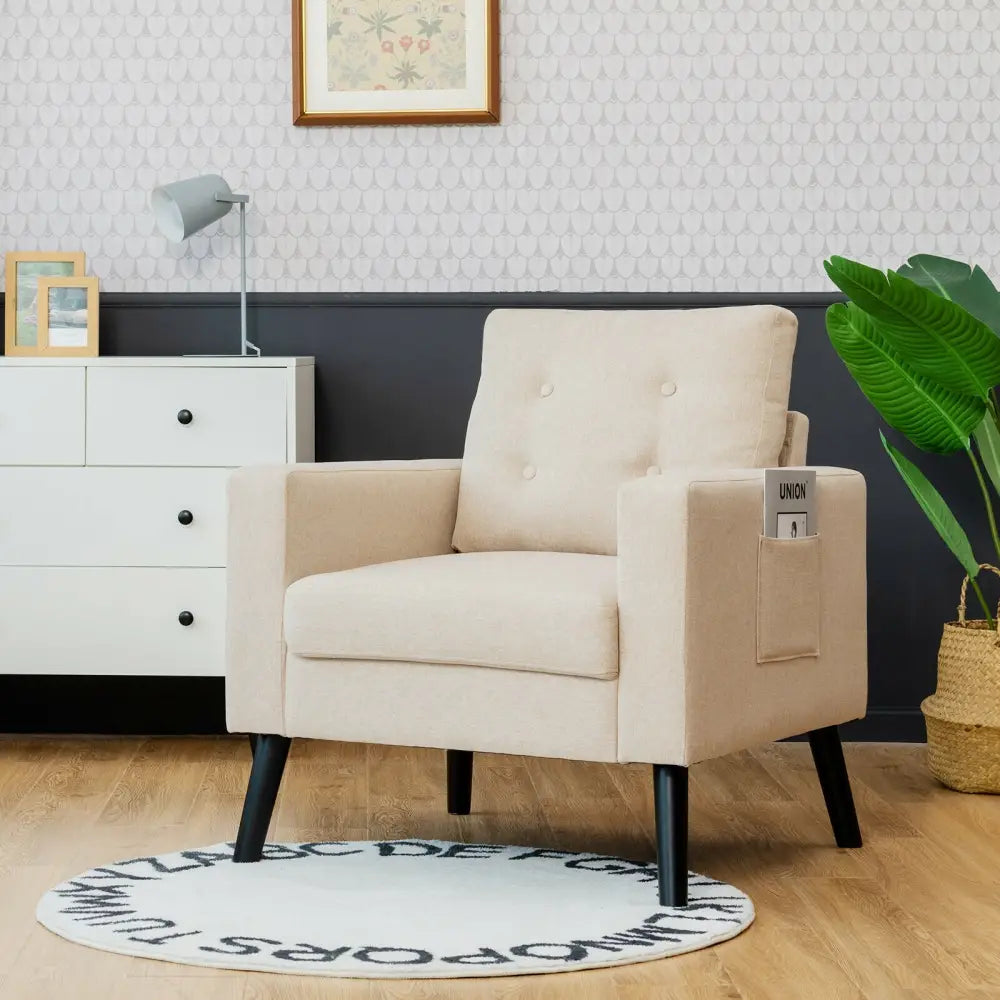 Mid-Century Upholstered Armchair Club Chair with Rubber Wood Legs-Beige - Beige - Accent Chairs