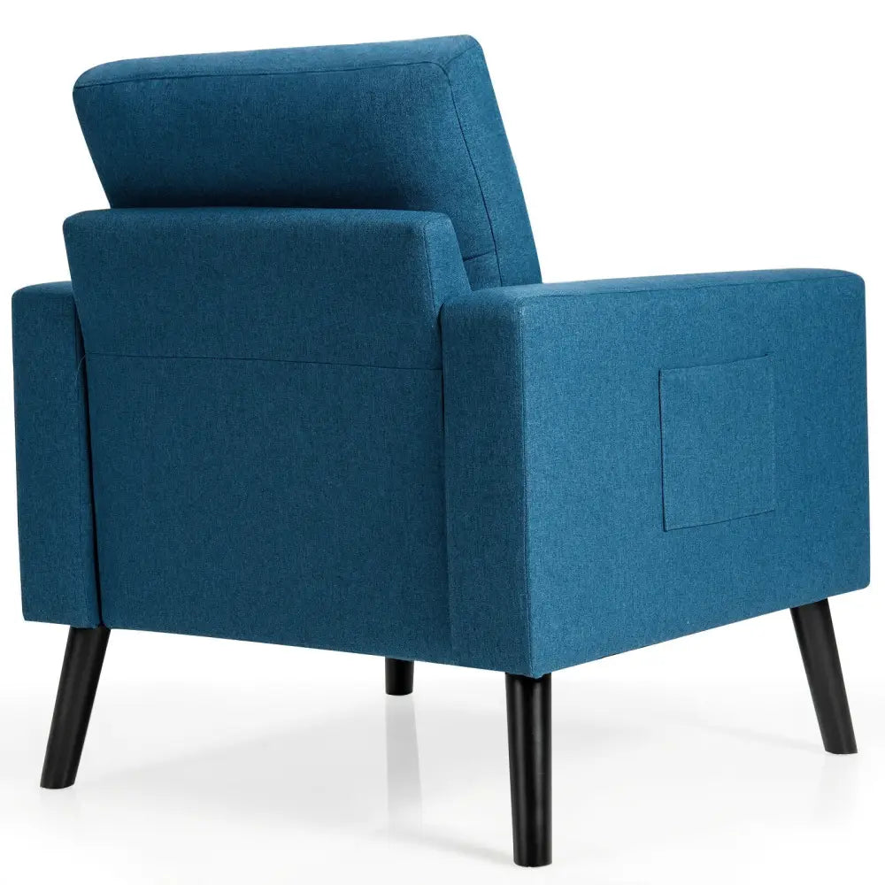 Mid-Century Upholstered Armchair Club Chair with Rubber Wood Legs-Blue - Blue - Accent Chairs