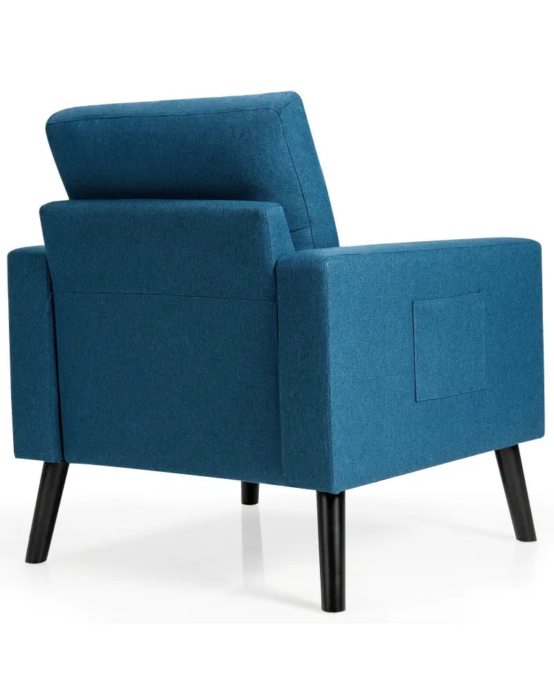 Mid-Century Upholstered Armchair Club Chair with Rubber Wood Legs-Blue - Blue - Accent Chairs