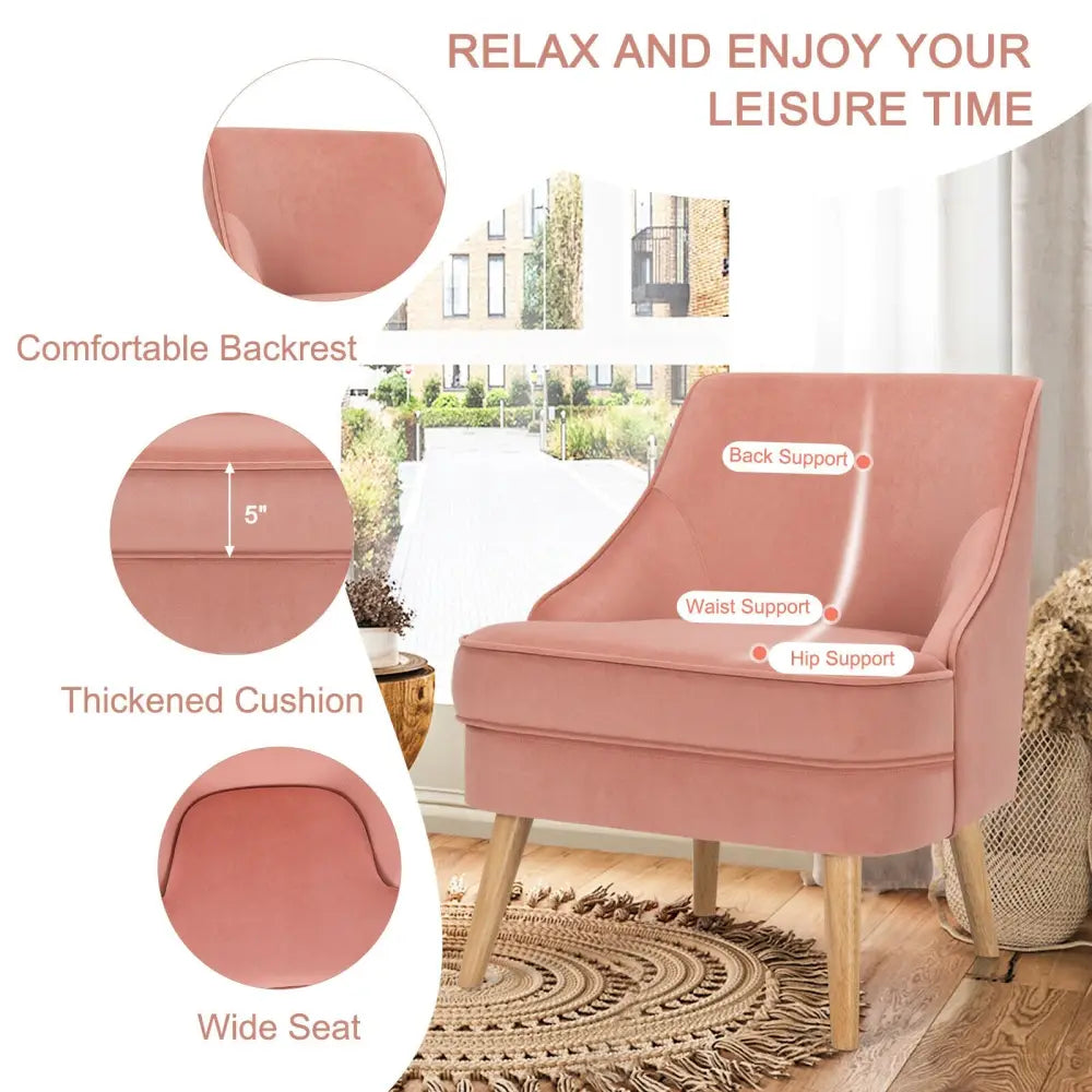 Mid Century Velvet Accent Chair with Rubber Wood Legs for Bedroom-Pink - Pink - Accent Chairs