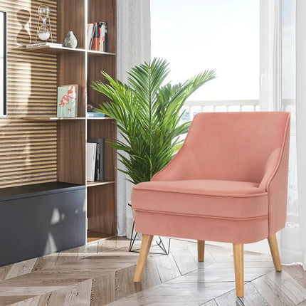 Mid Century Velvet Accent Chair with Rubber Wood Legs for Bedroom-Pink - Pink - Accent Chairs