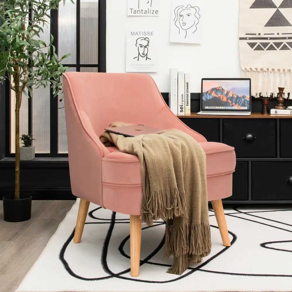 Mid Century Velvet Accent Chair with Rubber Wood Legs for Bedroom-Pink - Pink - Accent Chairs