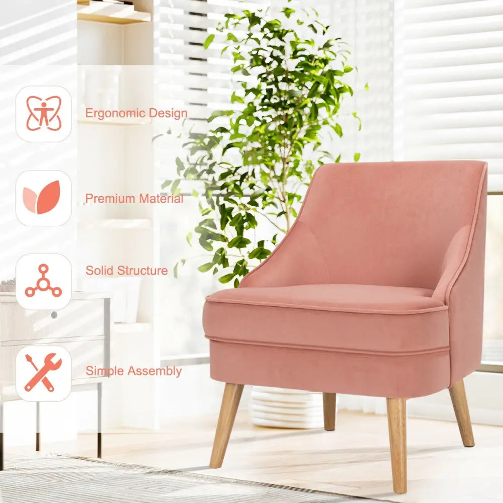 Mid Century Velvet Accent Chair with Rubber Wood Legs for Bedroom-Pink - Pink - Accent Chairs