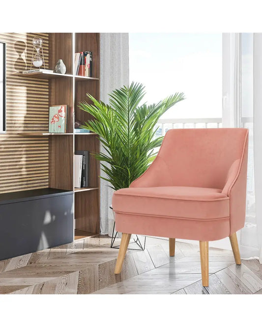 Mid Century Velvet Accent Chair with Rubber Wood Legs for Bedroom-Pink - Pink - Accent Chairs