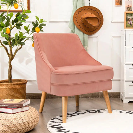 Mid Century Velvet Accent Chair with Rubber Wood Legs for Bedroom-Pink - Pink - Accent Chairs