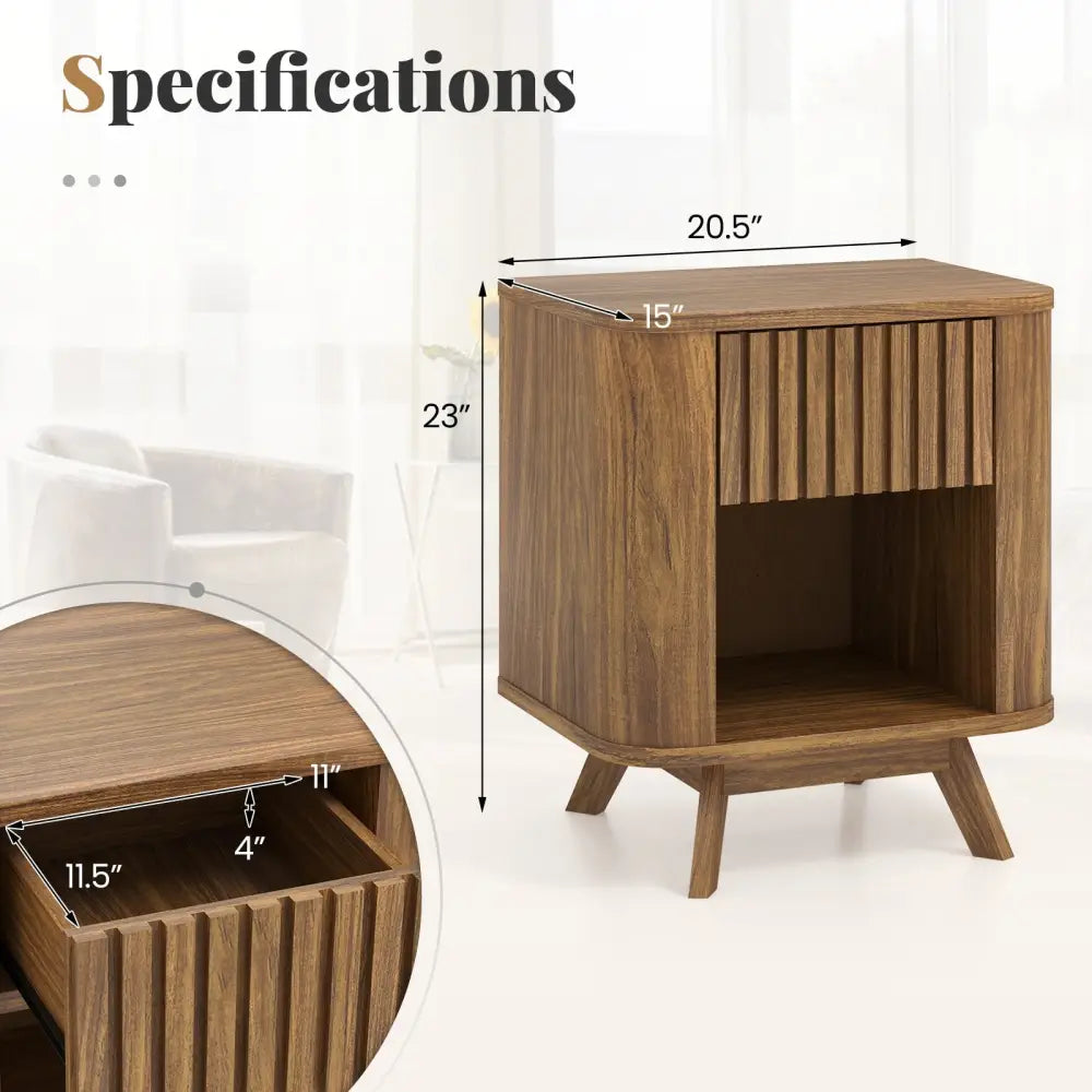 Mid-century Wood Nightstand with Drawer and Open Shelf-Walnut - Walnut - Nightstands