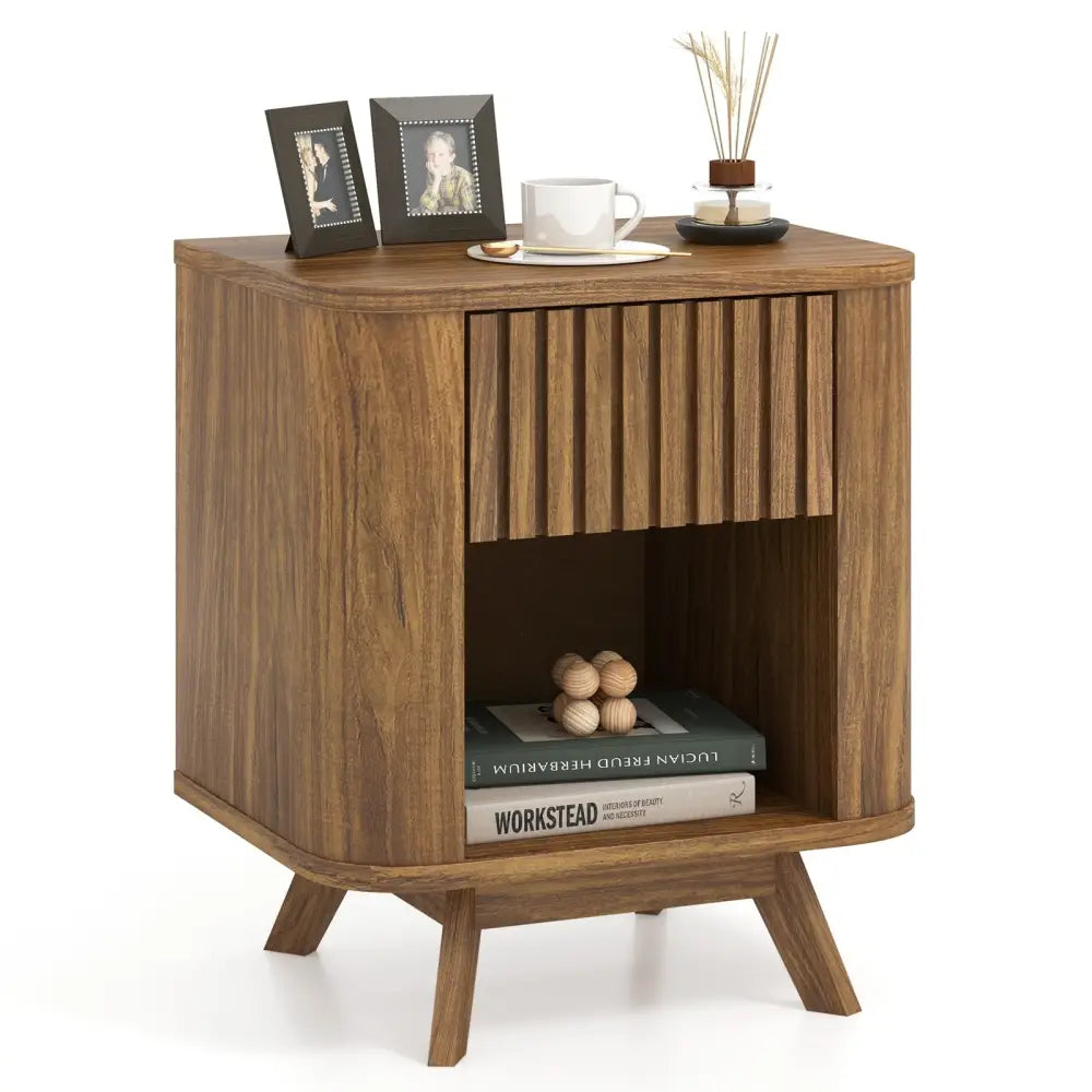 Mid-century Wood Nightstand with Drawer and Open Shelf-Walnut - Walnut - Nightstands