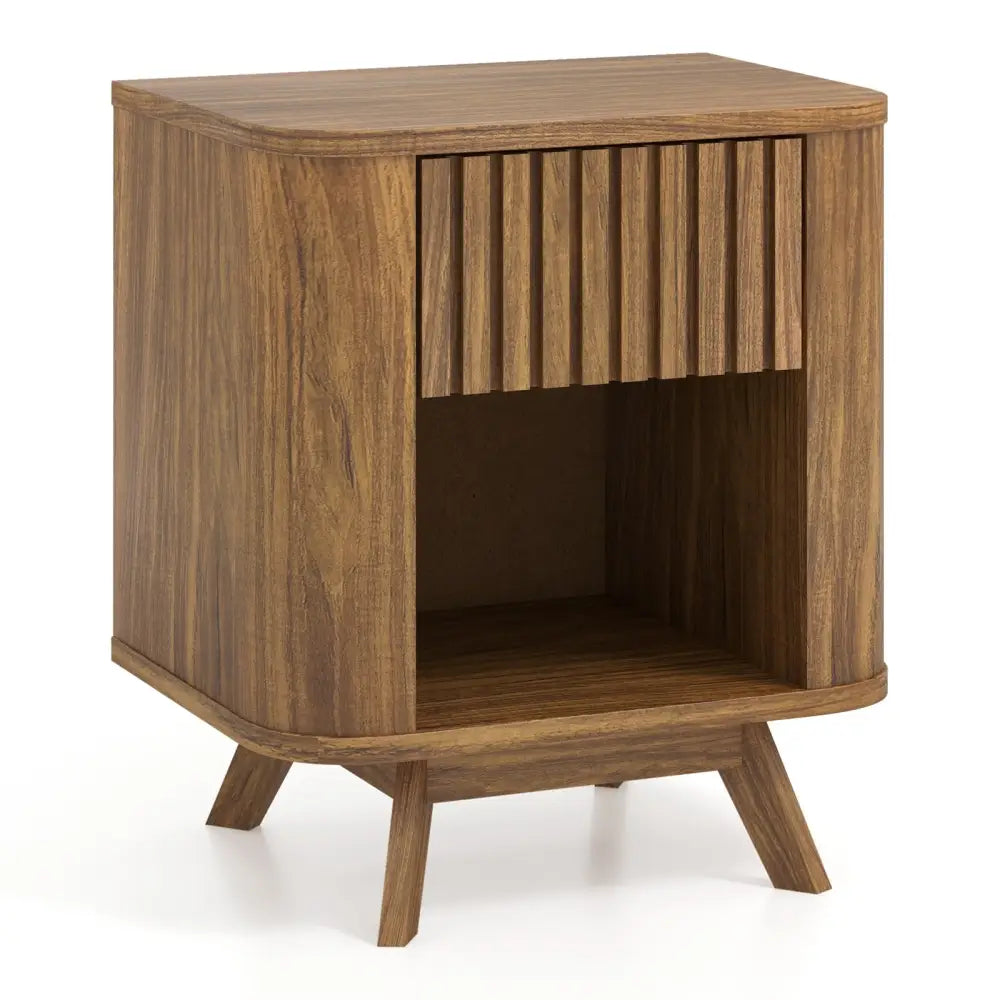 Mid-century Wood Nightstand with Drawer and Open Shelf-Walnut - Walnut - Nightstands