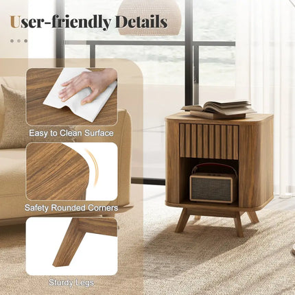 Mid-century Wood Nightstand with Drawer and Open Shelf-Walnut - Walnut - Nightstands