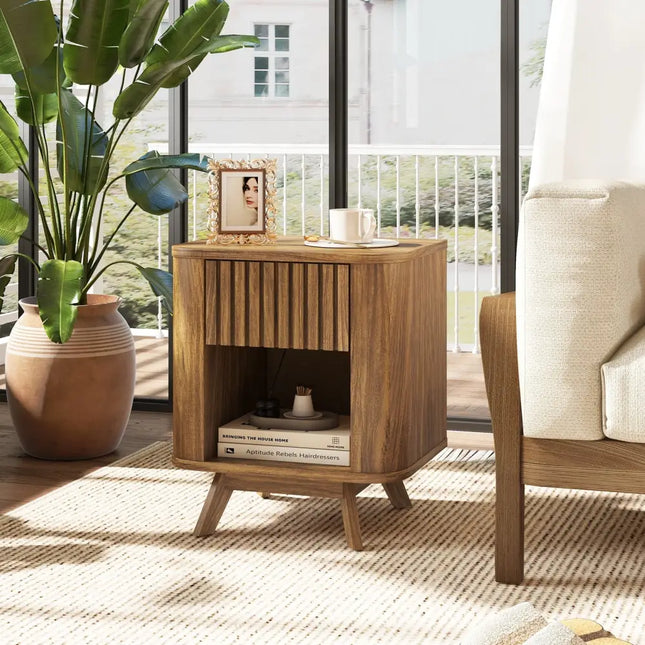 Mid-century Wood Nightstand with Drawer and Open Shelf-Walnut - Walnut - Nightstands