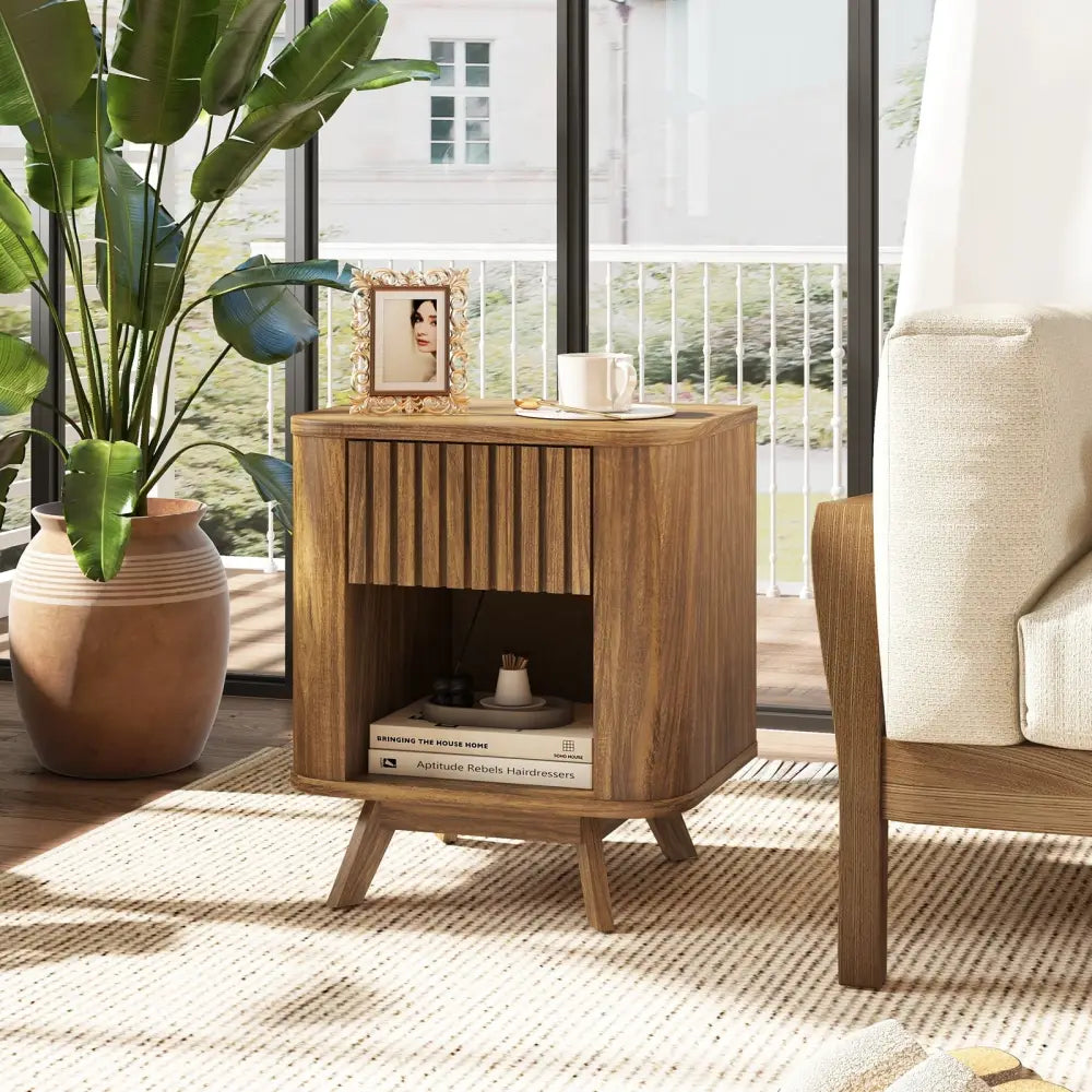 Mid-century Wood Nightstand with Drawer and Open Shelf-Walnut - Walnut - Nightstands