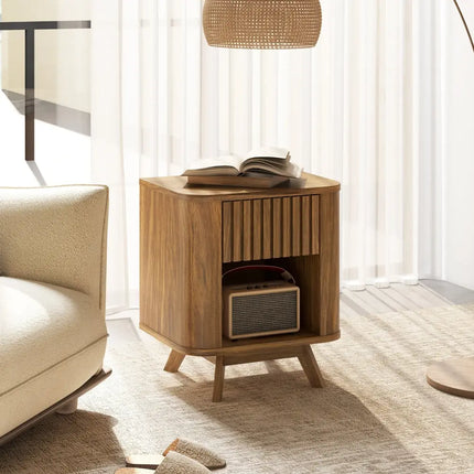 Mid-century Wood Nightstand with Drawer and Open Shelf-Walnut - Walnut - Nightstands