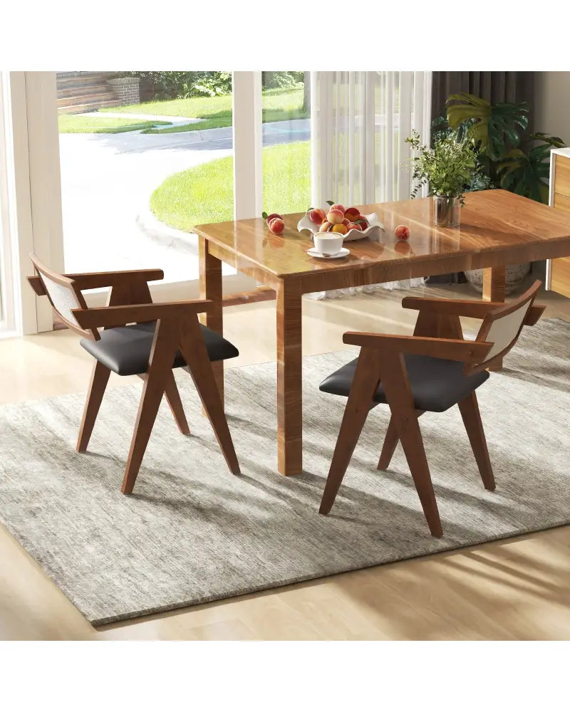 Mid Century Wooden Accent Chairs with Leathaire Seat Cushions Set of 2-Walnut - Walnut - Accent Chairs