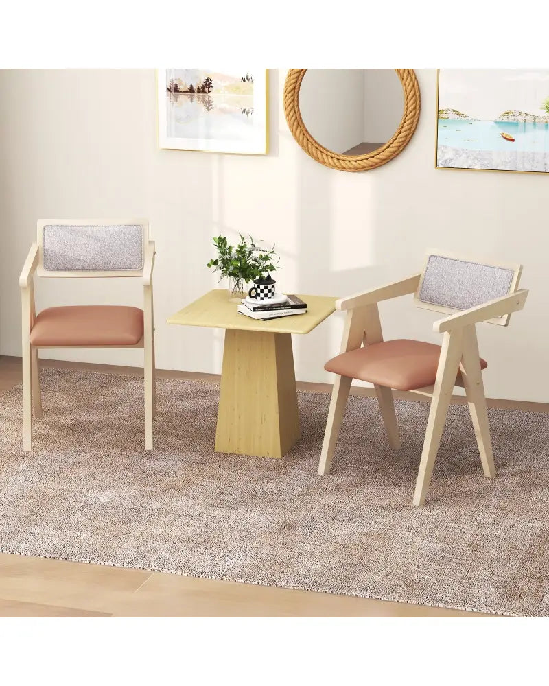 Mid Century Wooden Accent Chairs with Leathaire Seat Cushions Set of 2-Beige - Beige - Accent Chairs