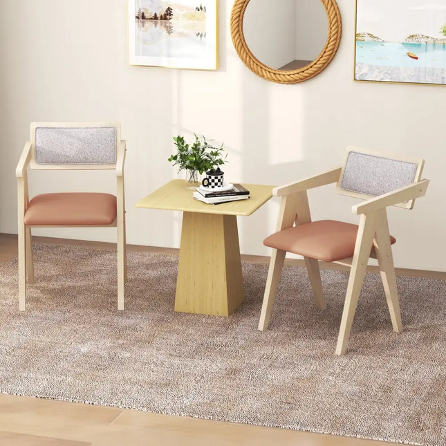 Mid Century Wooden Accent Chairs with Leathaire Seat Cushions Set of 2-Beige - Beige - Accent Chairs