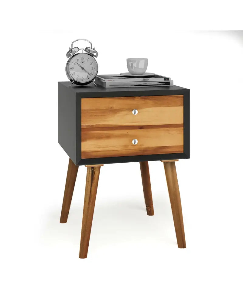 Mid-Century Wooden Multipurpose End Table with 2 Storage Drawers-Black - Black - Nightstands