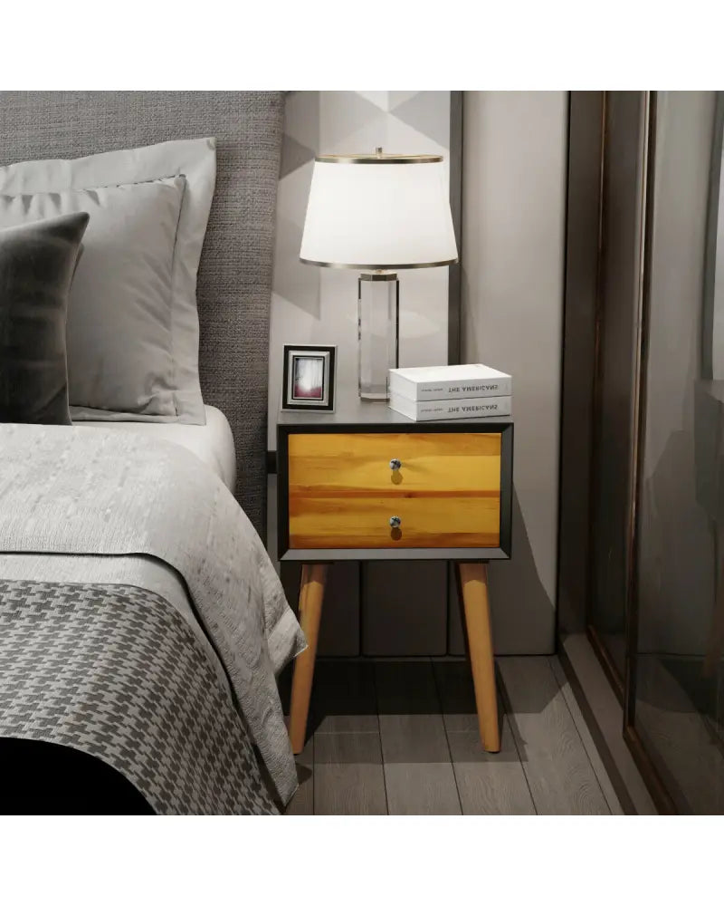 Mid-Century Wooden Multipurpose End Table with 2 Storage Drawers-Black - Black - Nightstands