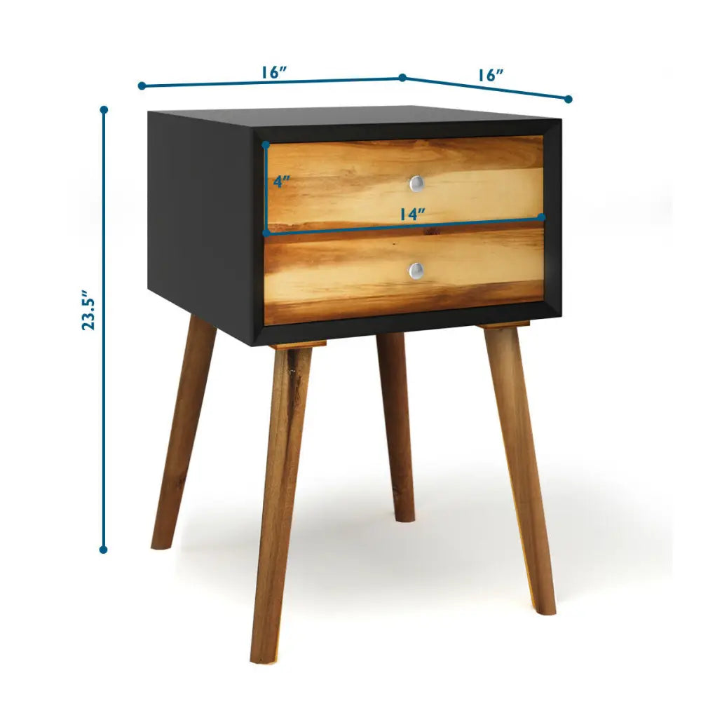 Mid-Century Wooden Multipurpose End Table with 2 Storage Drawers-Black - Black - Nightstands