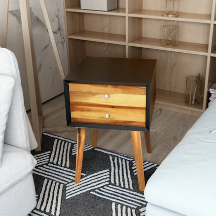 Mid-Century Wooden Multipurpose End Table with 2 Storage Drawers-Black - Black - Nightstands