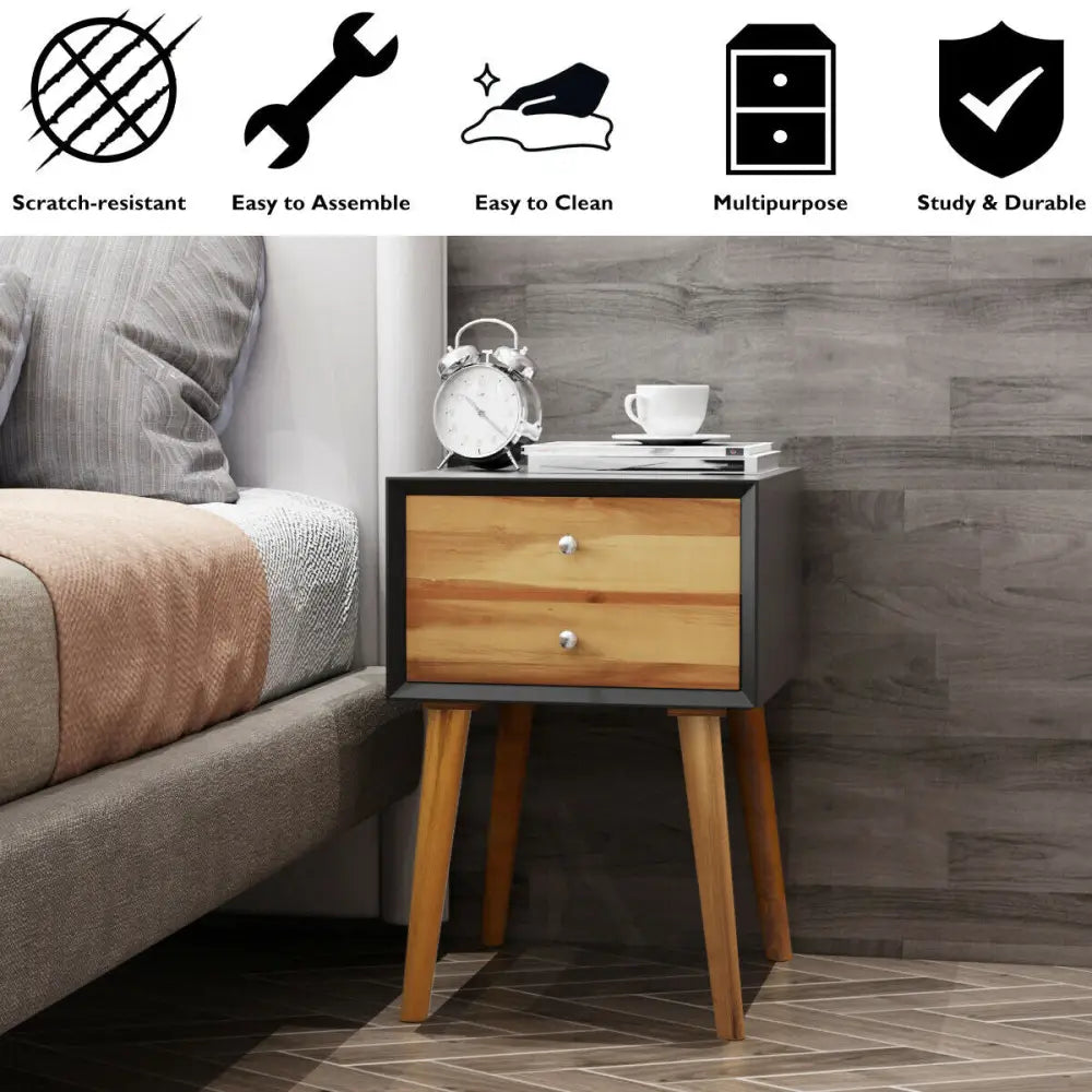 Mid-Century Wooden Multipurpose End Table with 2 Storage Drawers-Black - Black - Nightstands