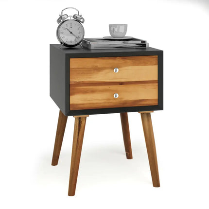 Mid-Century Wooden Multipurpose End Table with 2 Storage Drawers-Black - Black - Nightstands