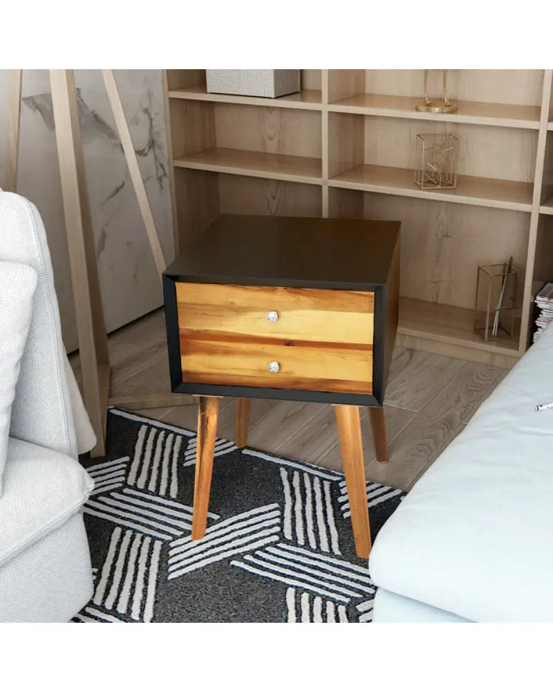 Mid-Century Wooden Multipurpose End Table with 2 Storage Drawers-Black - Black - Nightstands